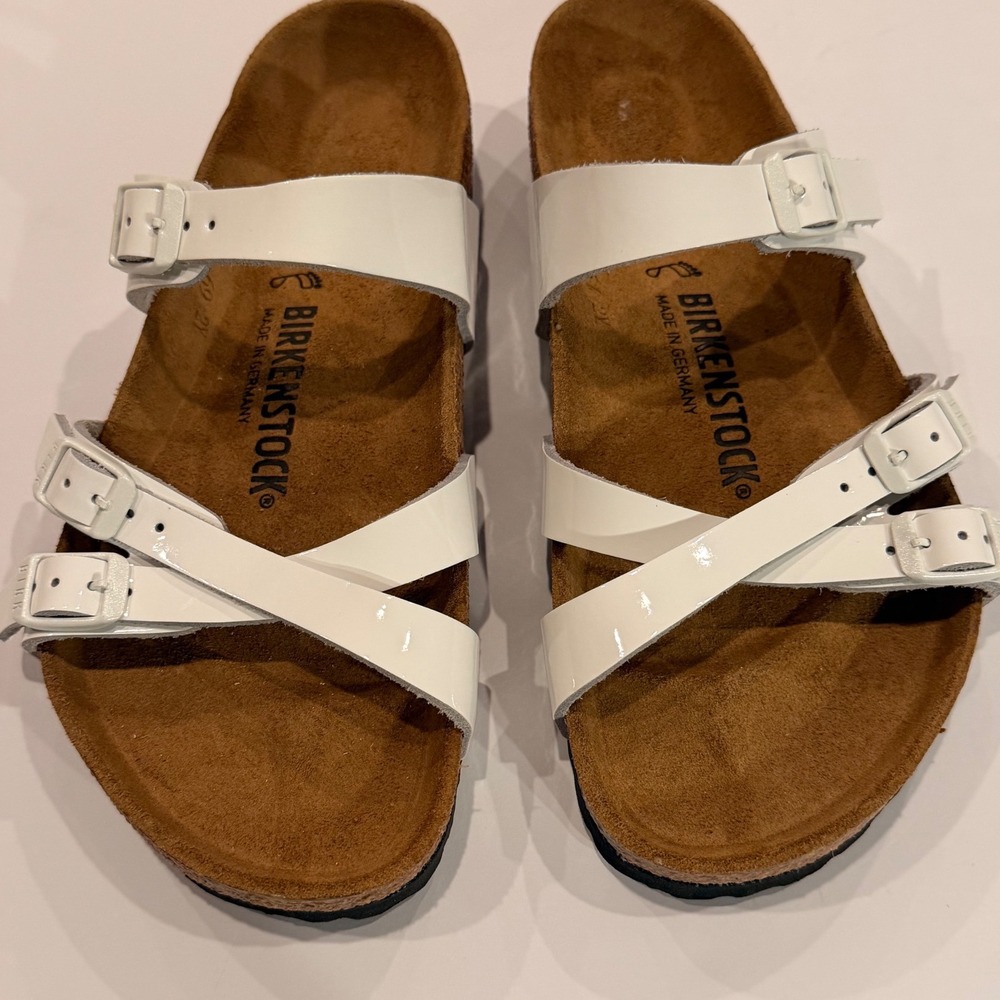 Birkenstock Franca White Patent Triple Strap Slide Sandals Womens 39 L8 M6